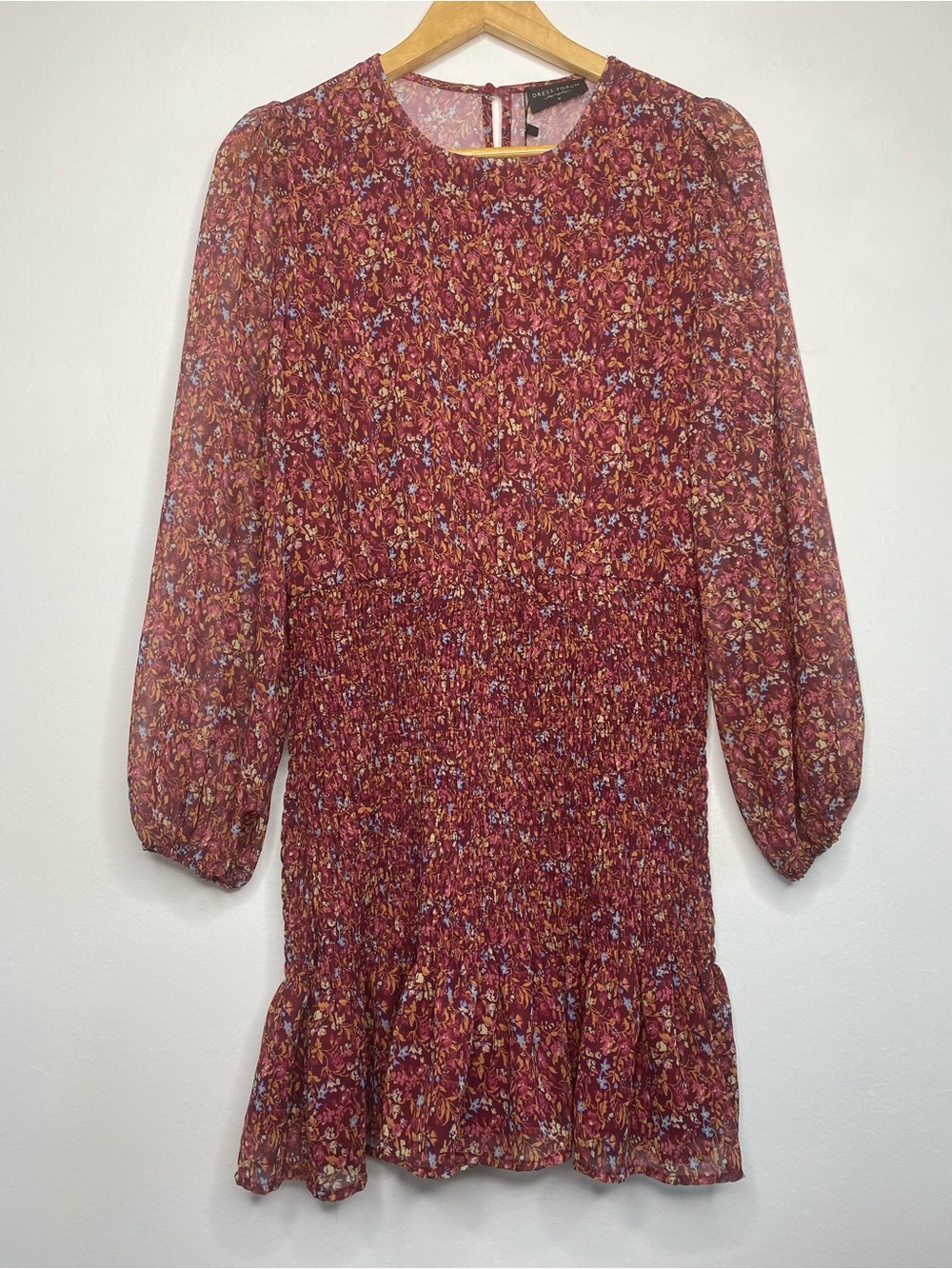 NWT Smocked ruffle mini dress floral Balloon Long sleeve Size M Maroon Wine - Picture 3 of 10